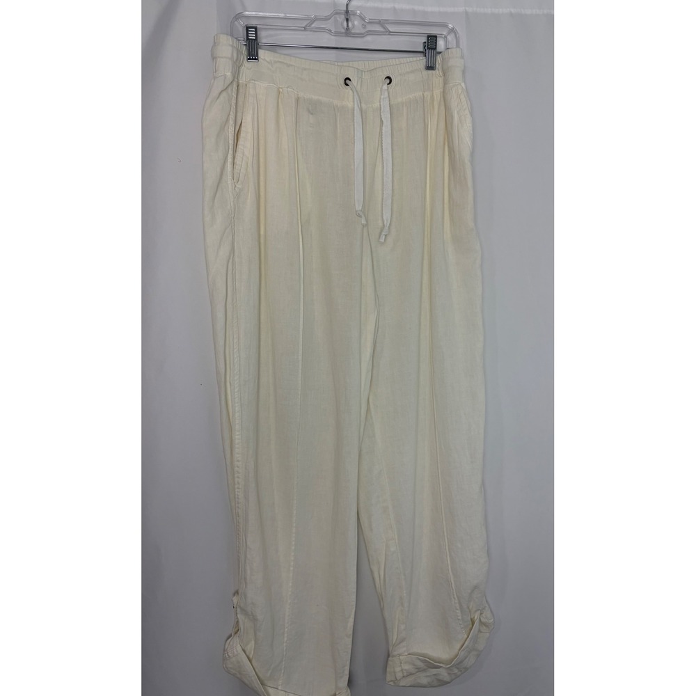 Anthropologie Boho Coastal Cream Linen Blend Roll Tab Pants Resort Womens‎ Large